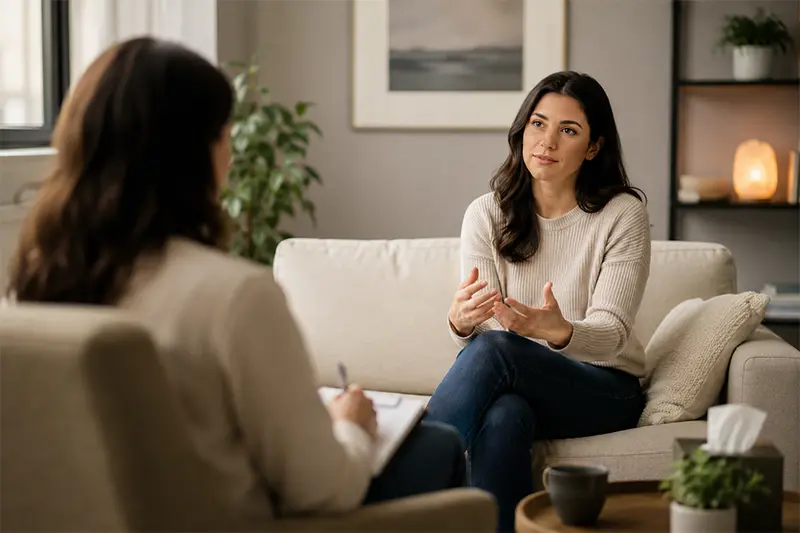 Therapy session with a client speaking to a counsellor during EMDR therapy in a calm, welcoming office.